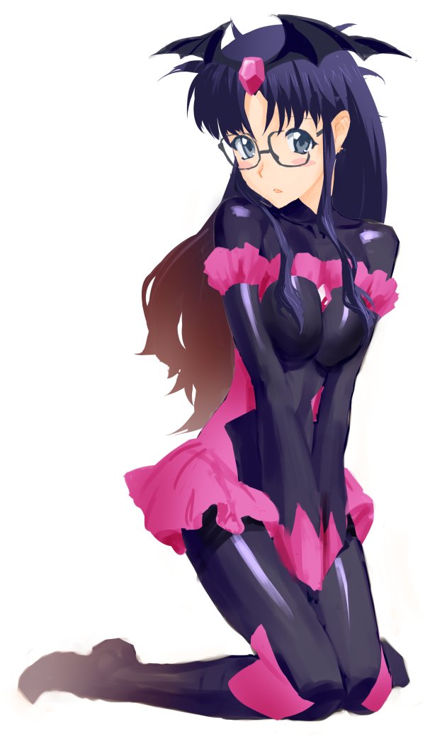 1girl bad_end_happy bad_end_happy_(cosplay) bad_end_precure black_hair blue_eyes blush bodysuit breasts closed_mouth cosplay glasses knees_together_feet_apart long_hair looking_at_viewer nadeara_bukichi precure read_or_die simple_background skirt smile_precure! solo white_background yomiko_readman