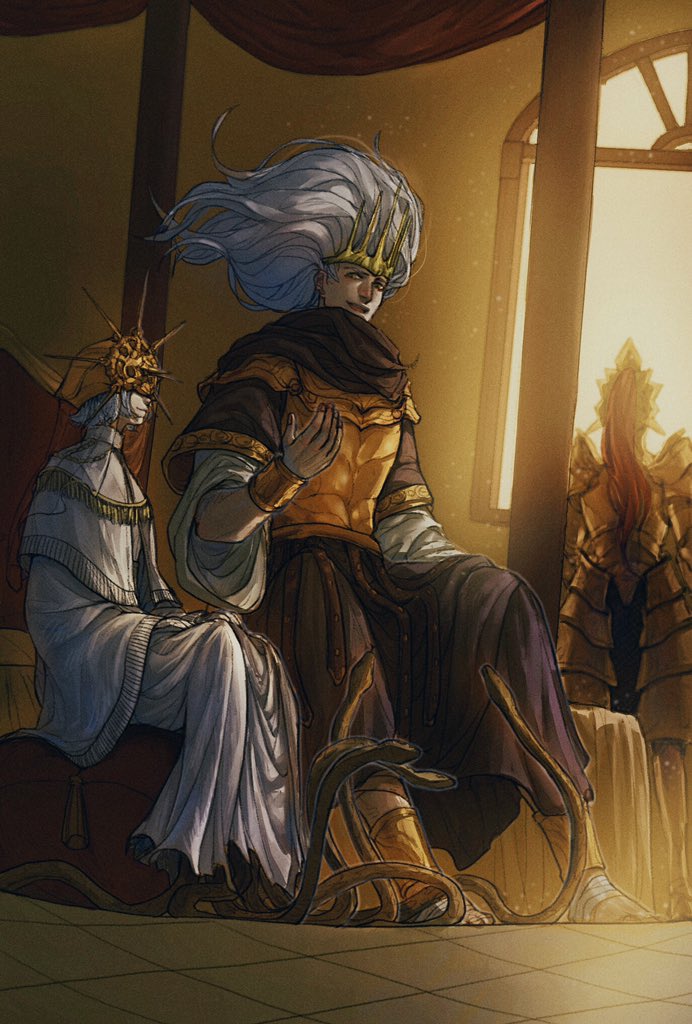 3boys anklet armor bandaged_foot bandages black_neckerchief black_robe bracelet closed_mouth commentary crown dark_souls_(series) dark_souls_i dark_souls_iii dark_sun_gwyndolin dragon_slayer_ornstein dress english_commentary from_behind full_armor full_body gold_armor gold_crown gold_headwear grey_hair hand_up indoors jewelry light_particles long_hair looking_at_another male_focus multiple_boys nameless_king neckerchief open_mouth robe short_hair sitting smile snake standing sunlight tworain_w white_dress wide_sleeves window