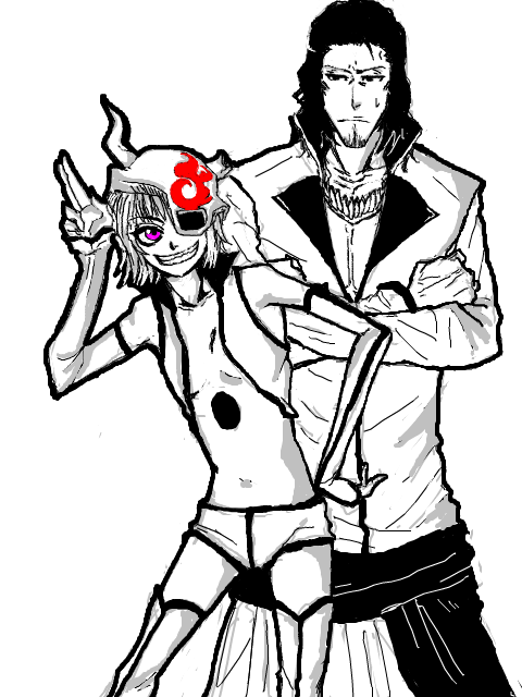 1boy 1girl arrancar black_eyes bleach boots clenched_teeth collarbone colored_skin coyote_starrk crossed_arms detached_sleeves eyepatch hollow_(bleach) lilynette_gingerbuck long_sleeves midriff monochrome navel nufunufu number_tattoo parted_lips pink_eyes purple_eyes shorts simple_background sleeveless smile spot_color sweat tattoo teeth white_background white_skin