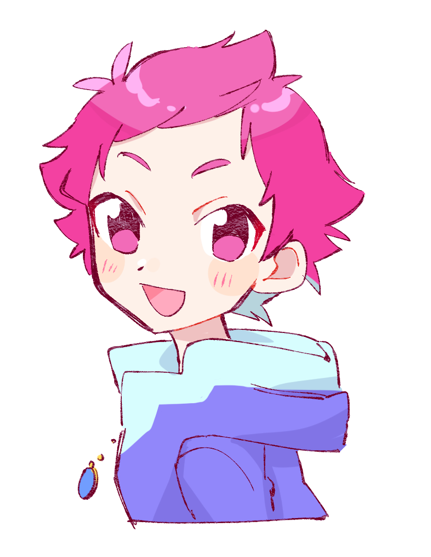 1girl blush cyappy1022 dress hood hooded_dress hoodie jewelry kumatora looking_at_viewer looking_to_the_side mother_(series) mother_3 necklace nintendo open_mouth pink_eyebrows pink_eyes pink_hair short_hair smile solo upper_body