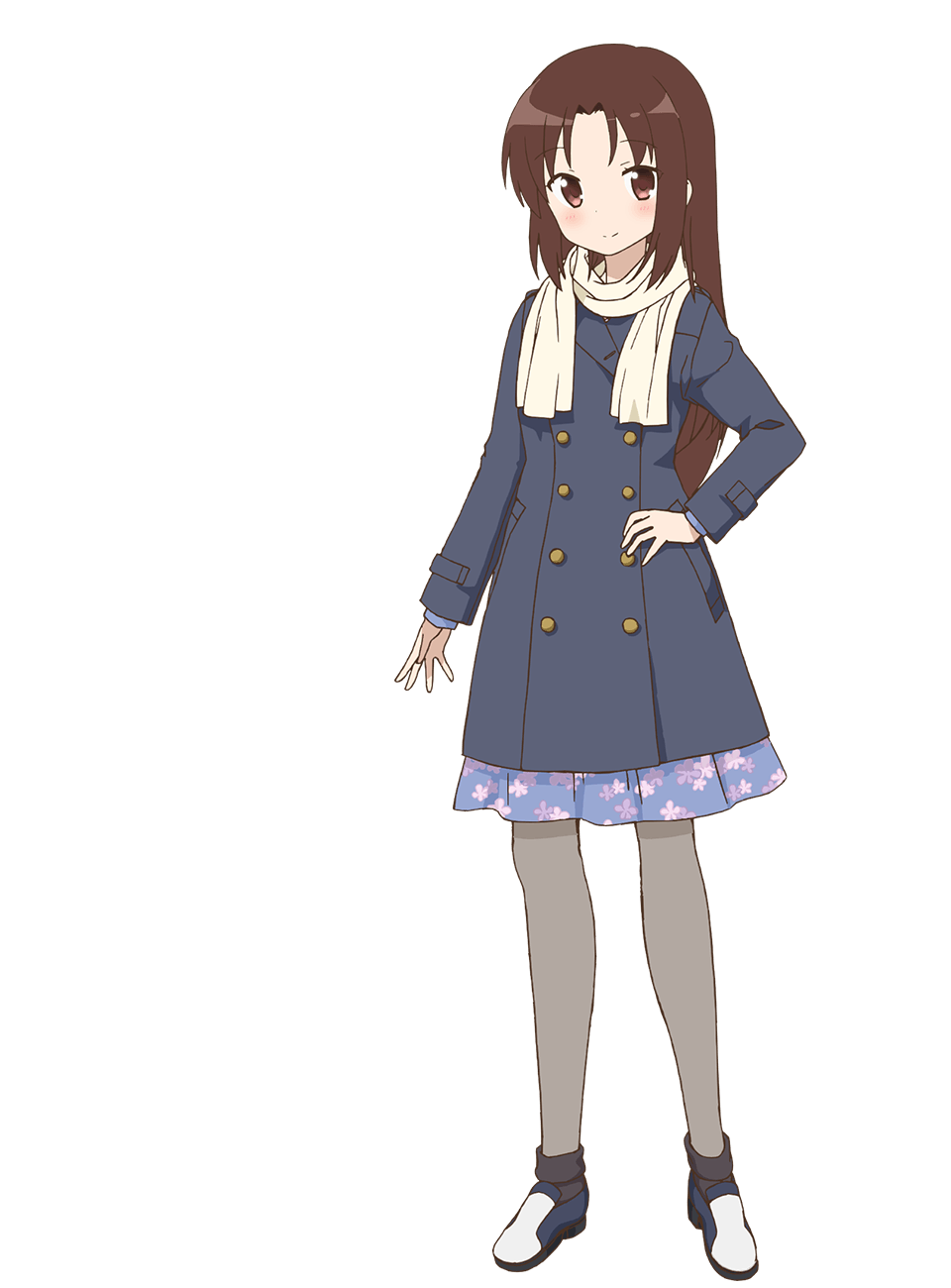 1girl arm_at_side black_socks blue_shoes brown_hair brown_scarf buttons closed_mouth coat double-breasted floral_print floral_print_skirt full_body grey_coat grey_pantyhose hair_down hand_on_own_hip highres kin-iro_mosaic kuzehashi_akari long_hair long_sleeves official_art pantyhose print_skirt scarf shoes simple_background smile socks solo standing tachi-e transparent_background ueta_kazuyuki