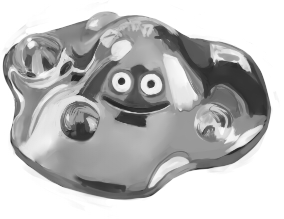 commentary_request dragon_quest full_body greyscale liquid_metal_slime_(dq) looking_at_viewer monochrome monochrome monster no_humans simple_background smile solo taka_(takahirokun) white_background
