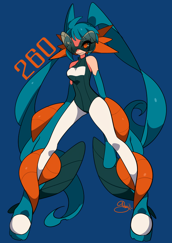 1girl blue_background blue_one-piece_swimsuit closed_mouth commentary_request full_body game_freak gen_3_pokemon long_hair looking_at_viewer mega_pokemon mega_swampert nintendo one-piece_swimsuit orange_eyes pantyhose personification pokedex_number pokemon sameyama_jiro signature simple_background solo swampert swimsuit tinted_eyewear twintails very_long_hair white_pantyhose