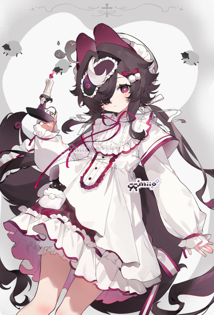 1girl :o animal_ears arin_(fanfan013) artist_name blush bonnet bright_pupils brown_hair candle candlestand commission cowboy_shot dress eyelashes fire ghost hair_intakes holding_candlestand long_hair long_sleeves looking_at_viewer mole mole_under_eye multicolored_hair neck_ribbon one_eye_covered original parted_lips pink_fire pink_ribbon pink_trim red_eyes ribbon sleep_mask solo streaked_hair tail white_bonnet white_dress white_pupils