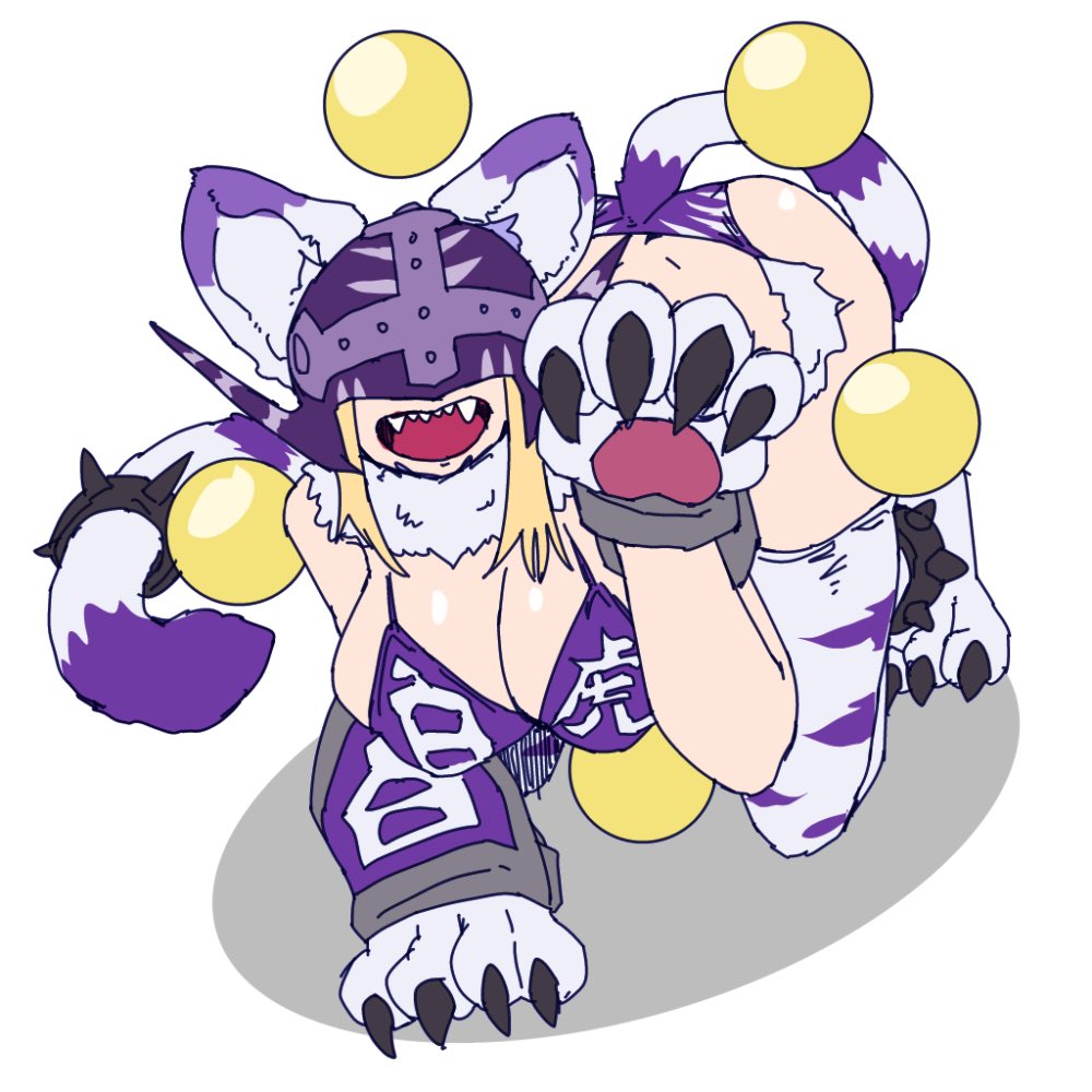 1girl alternate_costume angewomon animal_costume animal_print ass baihumon bra breasts butt_crack cat_girl cleavage covered_eyes digimon digimon_(creature) dimples_of_venus fangs gerusyu helmet large_breasts solo tiger_costume tiger_print underwear