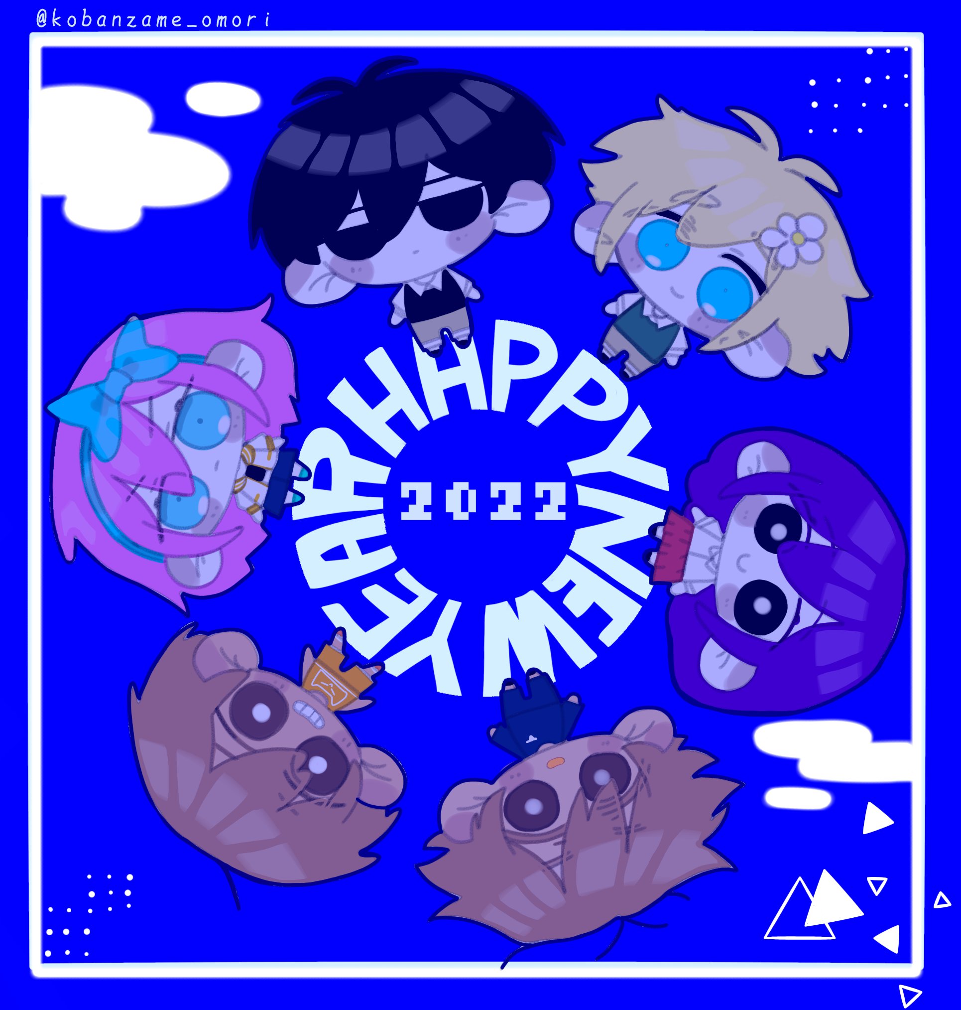 2022 antenna_hair arms_at_sides aubrey_(faraway)_(omori) aubrey_(omori) basil_(faraway)_(omori) basil_(omori) black_eyes black_footwear black_hair black_shirt black_sweater_vest blonde_hair blue_background blue_eyes blue_hairband blue_pants blue_shirt blue_skirt bow_hairband bright_pupils brother_and_sister brothers brown_eyes brown_hair brown_shorts chibi chibi_only closed_mouth collared_shirt commentary dark-skinned_male dark_skin denim denim_skirt double-parted_bangs empty_eyes english_commentary flower full_body green_sweater_vest grin hair_behind_ear hair_between_eyes hair_flower hair_ornament hairband happy_new_year hero_(faraway)_(omori) hero_(omori) highres inset_border jacket kel_(faraway)_(omori) kel_(omori) kobanzame_omo long_hair long_sleeves looking_at_viewer mari_(faraway)_(omori) mari_(omori) new_year no_pupils omori open_mouth orange_shorts orange_tank_top pants pink_hair purple_hair red_skirt sailor_collar shirt short_hair short_sleeves shorts siblings simple_background skirt smile sunny_(omori) sweater_vest tank_top twitter_username v-shaped_eyebrows white_flower white_jacket white_pupils white_shirt