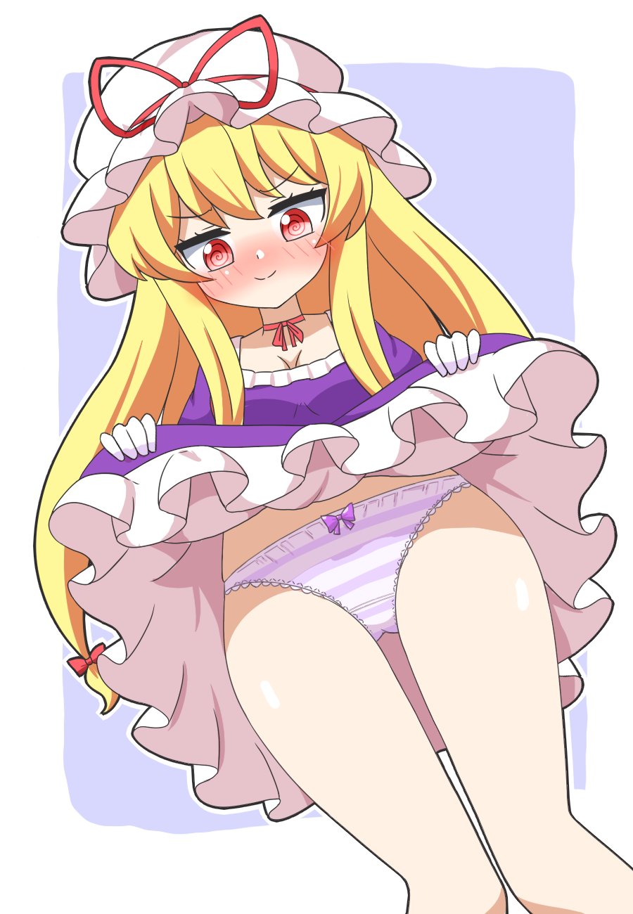 1girl blonde_hair blush breasts choker cleavage closed_mouth clothes_lift dress dress_lift embarrassed from_below gloves hair_ribbon hat highres legs lifting_own_clothes long_hair looking_at_viewer mob_cap panties purple_dress purple_panties red_eyes ribbon ribbon_choker smile solo striped_clothes striped_panties thighs touhou underwear very_long_hair white_gloves white_panties yakumo_yukari zenji029