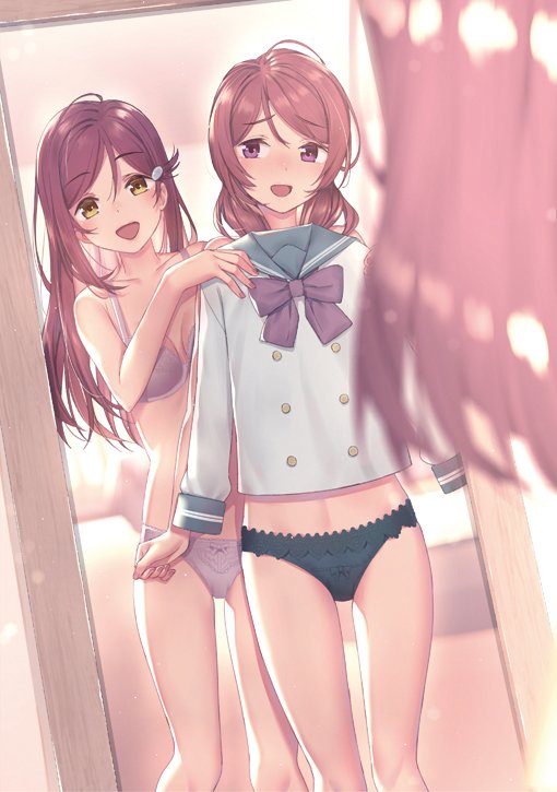 2girls black_panties bra breasts cleavage collarbone commentary_request hair_ornament hairclip holding_shirt holding_unworn_clothes long_hair looking_at_mirror love_live! love_live!_school_idol_project love_live!_sunshine!! medium_hair mirror multiple_girls nagareboshi nishikino_maki panties pink_bra pink_panties purple_eyes red_hair reflection sakurauchi_riko school_uniform shirt small_breasts underwear underwear_only unworn_shirt uranohoshi_school_uniform yellow_eyes yuri
