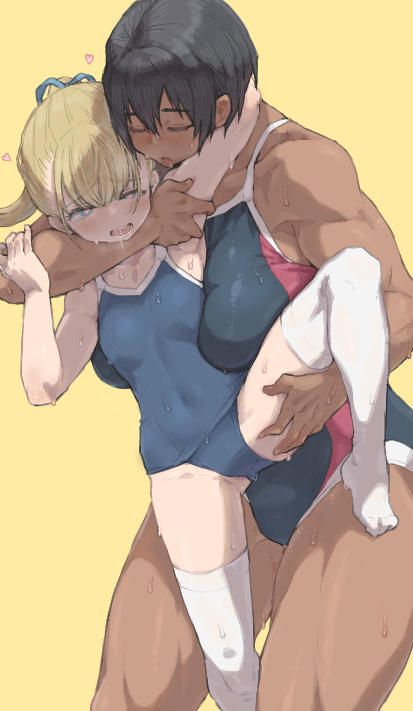 2girls black_hair blonde_hair blue_eyes blue_one-piece_swimsuit blue_ribbon breasts closed_eyes competition_swimsuit dark-skinned_female dark_skin dated_commentary hair_ribbon heart heart-shaped_pupils height_difference highres huge_breasts kei_(m_k) m_k multiple_girls one-piece_swimsuit open_mouth original petite ribbon rika_(m_k) saliva school_swimsuit short_hair simple_background small_breasts standing swimsuit symbol-shaped_pupils tall_female thighhighs thighs wet wet_clothes wet_swimsuit white_thighhighs yellow_background yuri