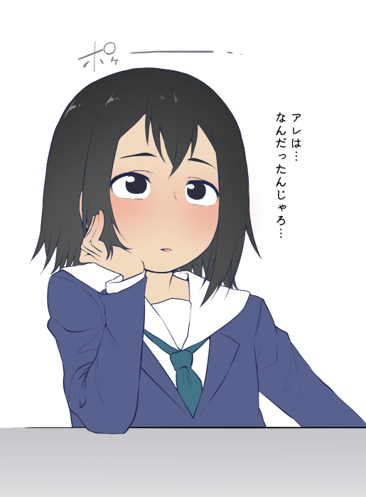 1girl asakusa_midori black_eyes black_hair blush commentary eizouken_ni_wa_te_wo_dasu_na! head_rest henriiku_(ahemaru) necktie school_uniform shibahama_high_school_uniform short_hair simple_background solo translated white_background