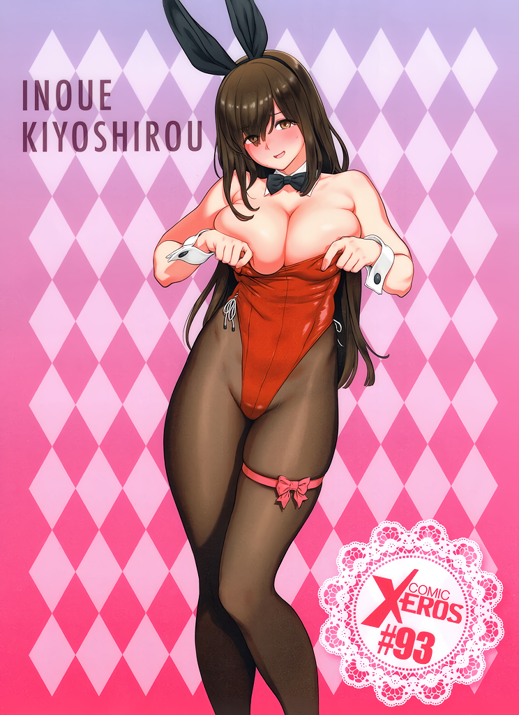 1girl adjusting_clothes adjusting_leotard animal_ears argyle_background argyle_clothes artist_name blush breasts brown_eyes brown_hair comic_x-eros copyright_name detached_collar fake_animal_ears feet_out_of_frame gradient_background huge_breasts inoue_kiyoshirou leotard long_hair looking_at_viewer non-web_source open_mouth pantyhose photoshop_(medium) playboy_bunny rabbit_ears red_leotard side-tie_leotard solo standing thigh_strap wrist_cuffs