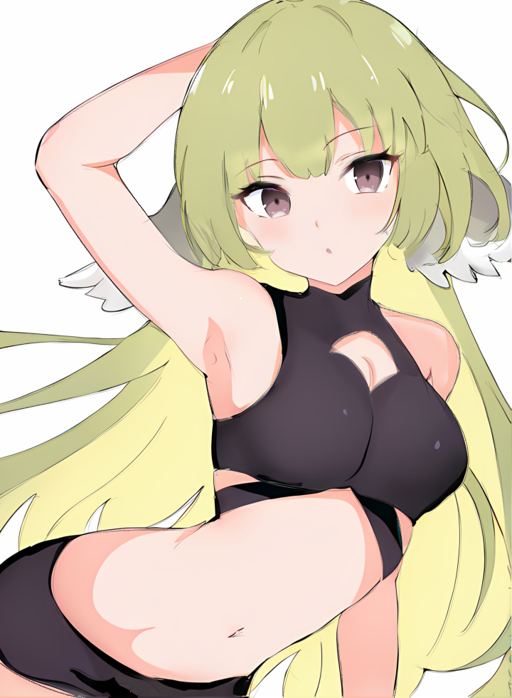 1girl arknights arm_behind_head arm_up armpits bikini black_bikini breasts cleavage cleavage_cutout clothing_cutout green_hair large_breasts long_hair looking_at_viewer navel official_alternate_costume poncirus_(arknights) poncirus_(to_rest_in_night_breezes)_(arknights) purple_eyes raifu_(rf) simple_background solo stomach swimsuit white_background