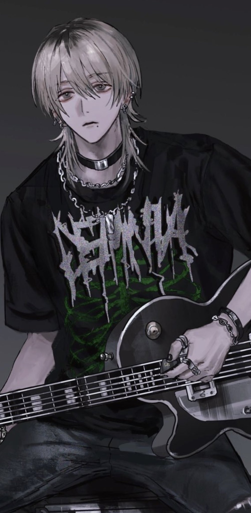 1boy black_choker black_nails black_pants black_shirt blonde_hair bracelet chain chain_necklace choker close-up closed_mouth commentary denim ear_piercing earrings electric_guitar emo_fashion eyeshadow gradient_background grey_background grey_eyes guitar hair_between_eyes highres holding holding_guitar holding_instrument holding_plectrum instrument jeans jewelry looking_to_the_side makeup male_focus medium_hair mole mole_under_mouth multiple_rings necklace original pants piercing plectrum print_shirt ring shirt sitting solo st31010 symbol-only_commentary torn_clothes torn_jeans torn_pants upper_body