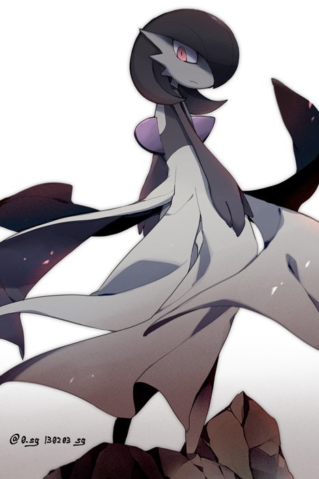 alternate_color alternate_shiny_pokemon artist_name black_hair bob_cut colored_skin dress gardevoir gen_3_pokemon looking_at_viewer looking_back multicolored_skin nintendo pokemon pokemon_(creature) serious sg_(suuchan) simple_background two-tone_skin white_background white_dress white_skin
