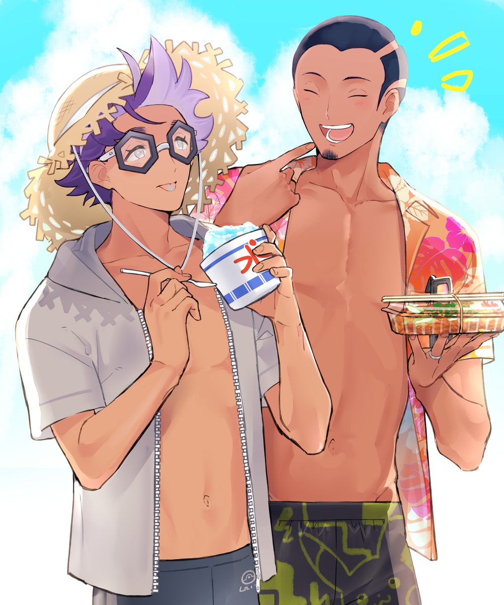 2boys :d alternate_costume black_hair cloud collared_shirt commentary_request day eyelashes facial_hair food goatee grey_eyes hat highres holding holding_spoon hood hood_down jacq_(pokemon) male_focus male_swimwear multiple_boys navel nintendo notice_lines open_clothes open_mouth open_shirt outdoors pokemon pokemon_sv purple_hair salvatore_(pokemon) shaved_ice shirt short_hair sky smile spoon straw_hat swim_trunks teeth tongue tongue_out tudurimike zipper