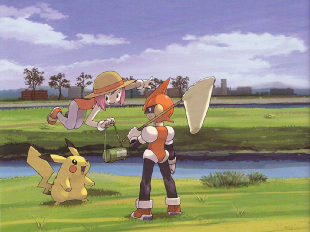 floating gen_1_pokemon hat nintendo official_art pikachu pokemon pokemon_(creature) pulseman pulseman_(character) quinty quinty_(character) sugimori_ken