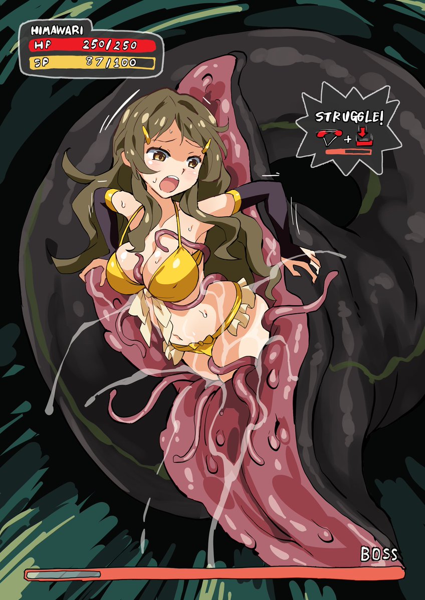 1girl armpits arniro111 bikini black_gloves breasts brown_eyes brown_hair cleavage covered_erect_nipples elbow_gloves fingerless_gloves gloves green_background hair_ornament hairclip large_breasts long_hair monster navel open_mouth panic shinomiya_himawari shiny_skin sweat swimsuit vividred_operation vore