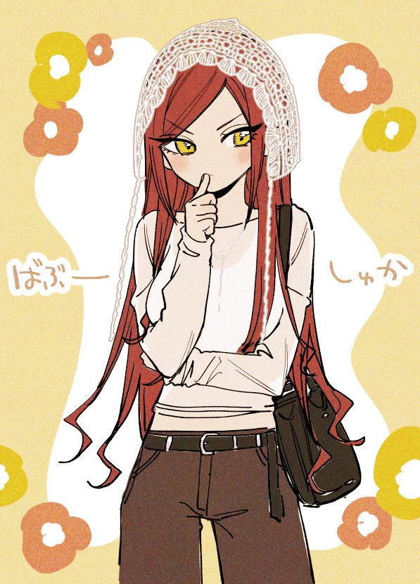 1girl alternate_costume bag belt black_belt blush brown_hair brown_pants commentary_request cowboy_shot eyes_visible_through_hair finger_in_own_mouth headwear_request kimi_no_koto_ga_dai_dai_dai_dai_daisuki_na_100-nin_no_kanojo long_hair long_sleeves nozawa_yukiko official_art pants shirt shoulder_bag simple_background solo torotoro_kishika very_long_hair white_shirt yellow_eyes