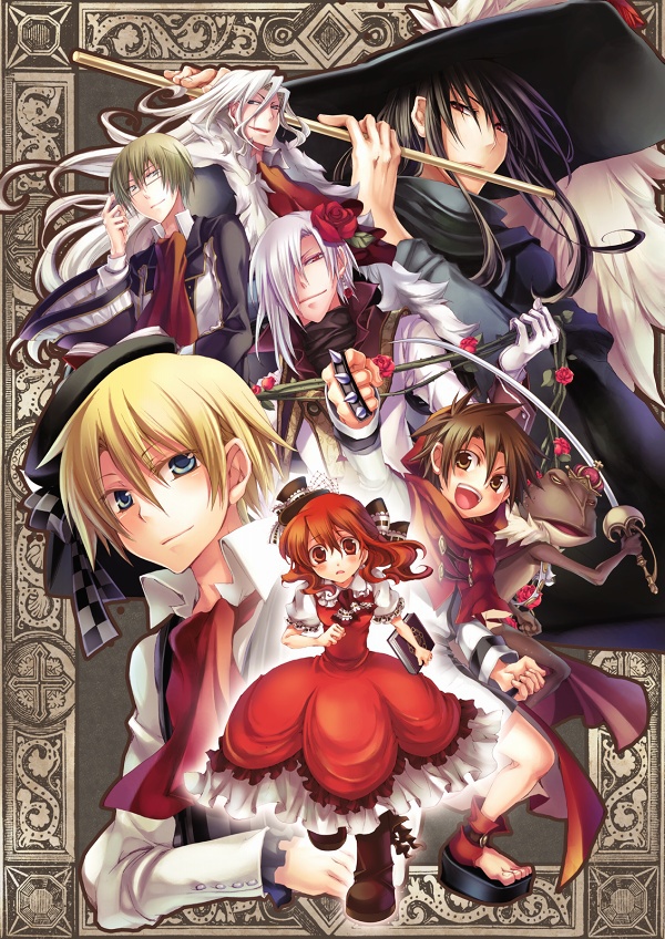1girl 6+boys akazukin_(zettai_meikyuu_grimm) black_hair blonde_hair blue_eyes book boots brown_eyes ascot dress everyone flower flute frog frog_prince_(zettai_meikyuu_grimm) full_body glasses gloves hair_flower hair_ornament hair_over_one_eye hamelin_(zettai_meikyuu_grimm) hat henrietta_grimm ibara_ouji instrument jacob_grimm long_hair multiple_boys official_art rapier red_flower red_hair red_rose rose rui_grimm sword weapon white_hair wilhelm_grimm zettai_meikyuu_grimm