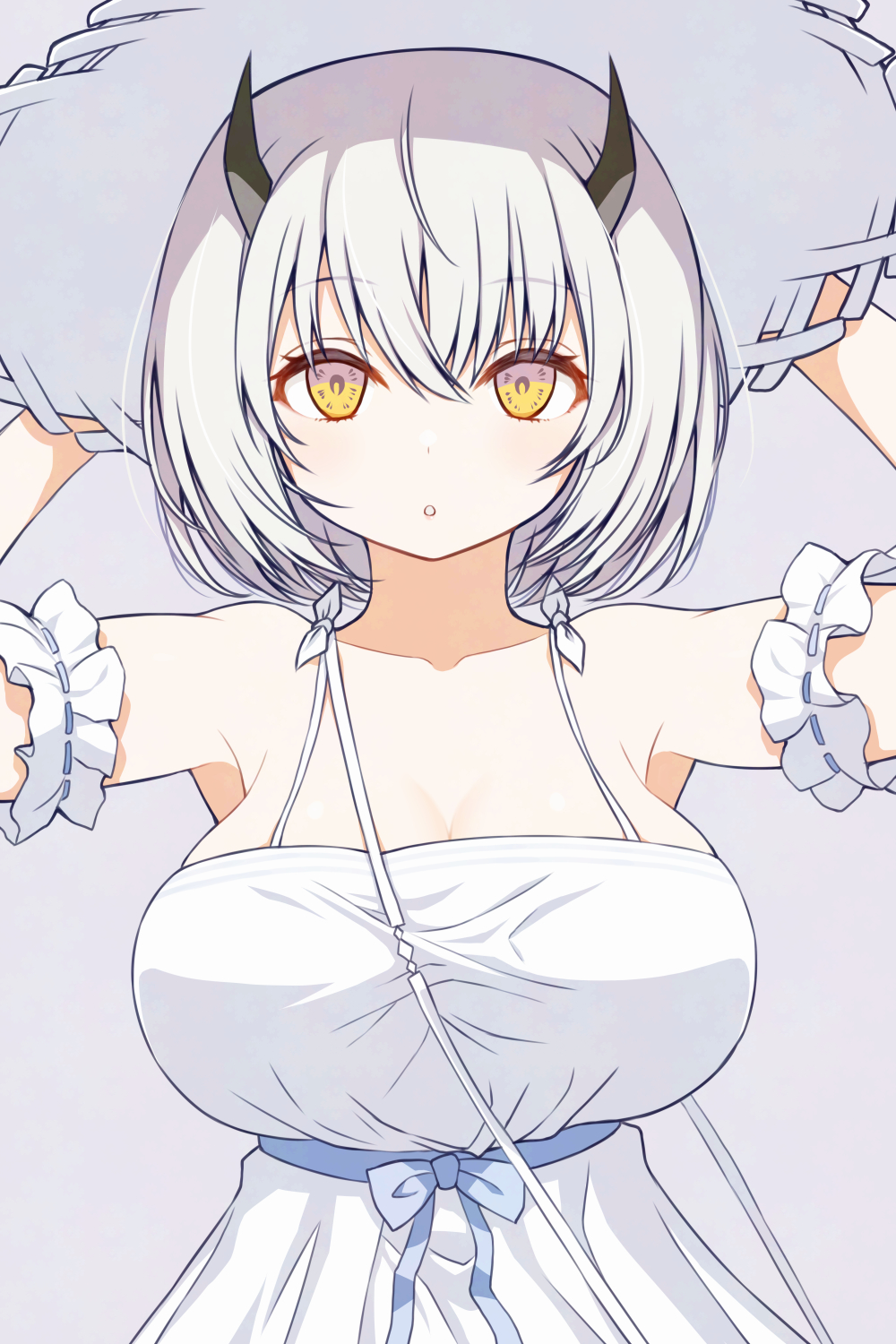 1girl :o arms_behind_head arms_up asamura_hiori bare_shoulders blue_archive breasts brown_eyes cleavage collarbone commentary_request dress grey_background hair_between_eyes hat highres horns large_breasts looking_at_viewer parted_lips ribbon_trim sena_(blue_archive) sena_(casual)_(blue_archive) short_hair simple_background sleeveless sleeveless_dress solo straw_hat upper_body white_dress white_hair white_hat