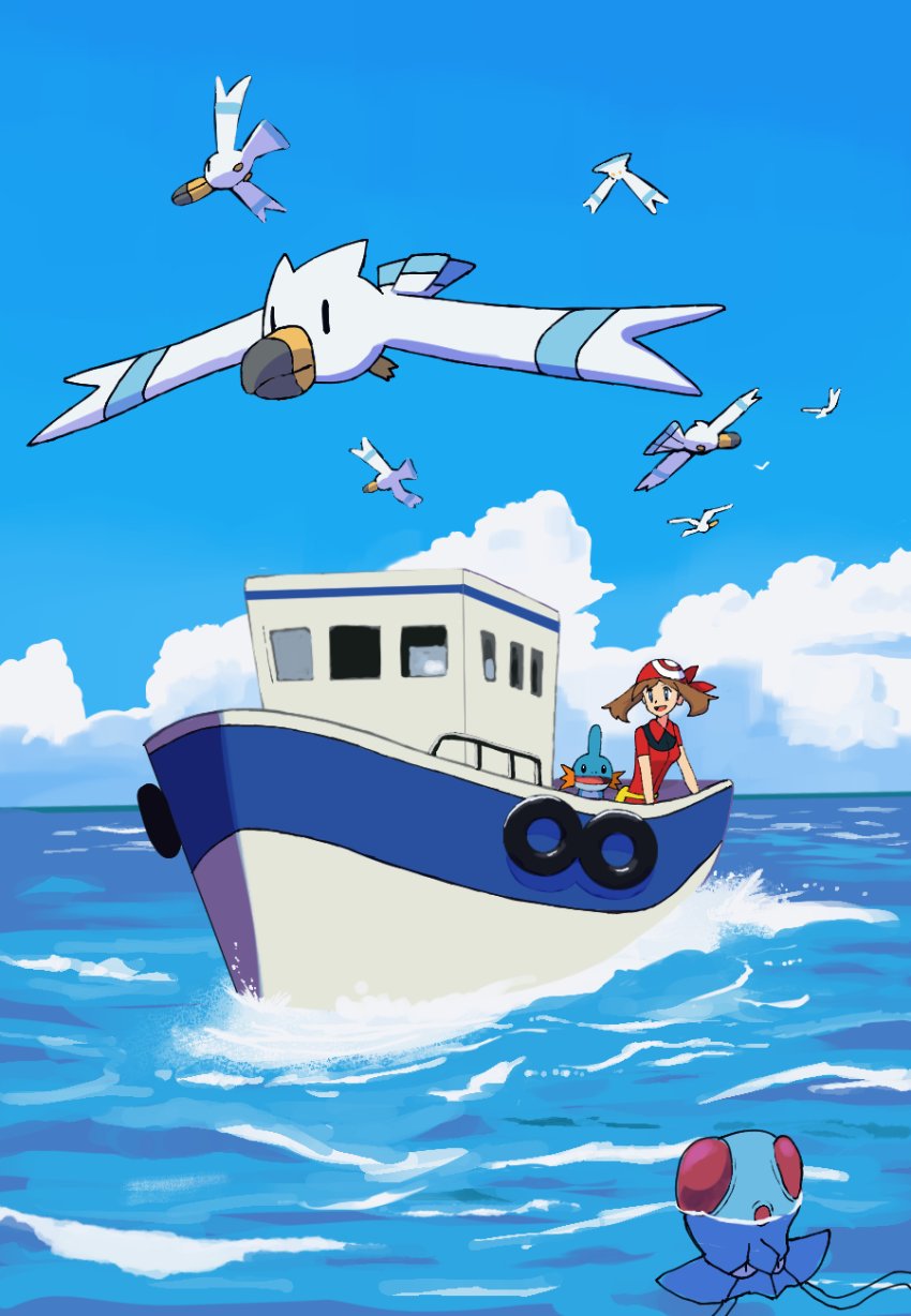 1girl :d bandana blue_sky brown_hair cloud gen_1_pokemon gen_3_pokemon highres may_(pokemon) mudkip nintendo ocean on_ship open_mouth pokemon pokemon_(creature) pokemon_rse red_bandana red_shirt rowdon ship shirt short_hair short_sleeves sky smile tentacool watercraft wingull