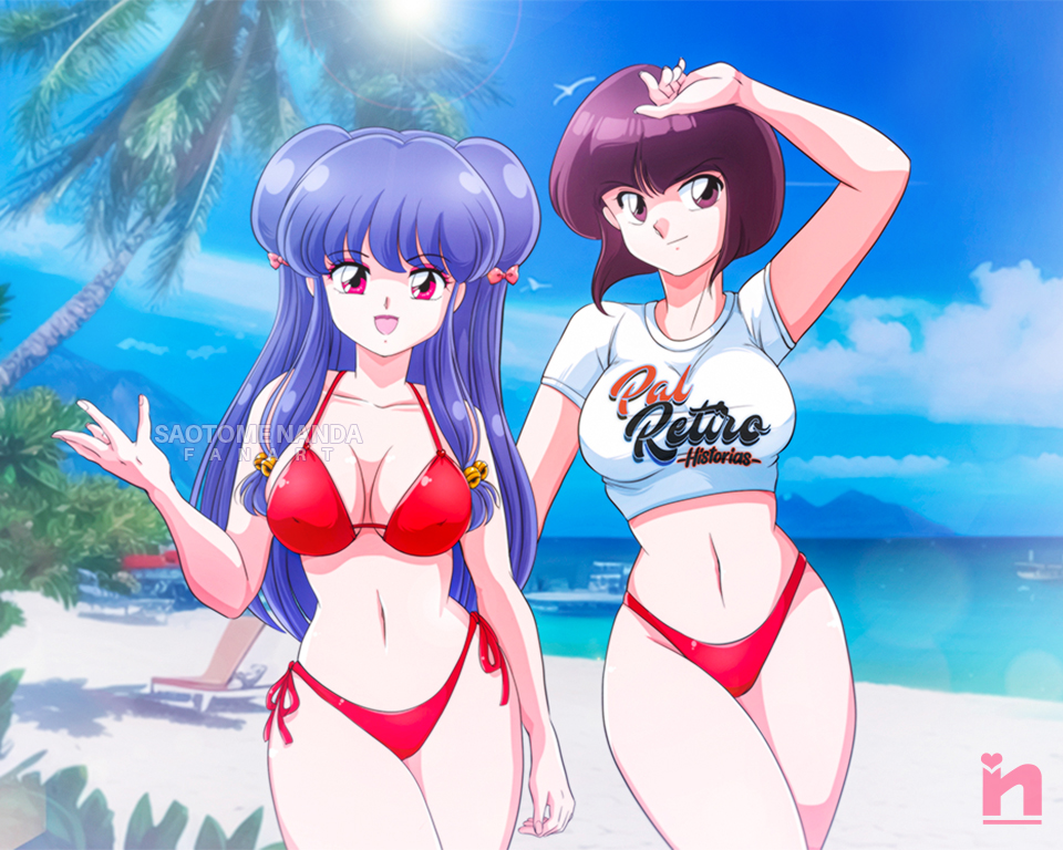2girls :d arm_up artist_logo artist_name bare_shoulders beach bell bikini bikini_bottom_only bird blue_sky blunt_bangs blunt_ends boat bob_cut bow breasts brown_eyes brown_hair chair cleavage closed_mouth clothes_writing cloud collarbone commentary commission cowboy_shot crop_top cropped_shirt cumulonimbus_cloud curled_fingers double_bun english_commentary foliage hair_bell hair_bow hair_bun hair_ornament hand_on_own_head hand_up highleg highleg_bikini horizon inverted_bob jingle_bell large_breasts logo long_hair looking_at_viewer lounge_chair midriff mountainous_horizon multiple_girls navel ocean open_mouth outdoors palm_tree purple_hair ranma_1/2 red_bikini red_eyes sand saotome_nanda seagull shampoo_(ranma_1/2) shirt short_hair short_sleeves side-by-side side-tie_bikini_bottom sky smile spanish_text sun swimsuit tendou_nabiki translated tree watercraft watermark white_shirt