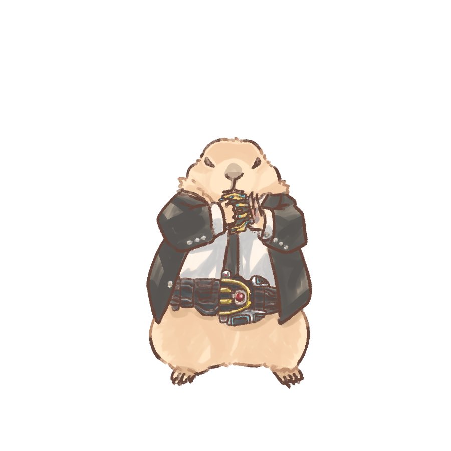 animal_focus black_jacket black_necktie body_fur brown_fur full_body hashtag-only_commentary henshin_pose ixa_belt jacket kamen_rider kamen_rider_kiva_(series) necktie prairie_dog py0wwk shirt simple_background solo white_background white_shirt
