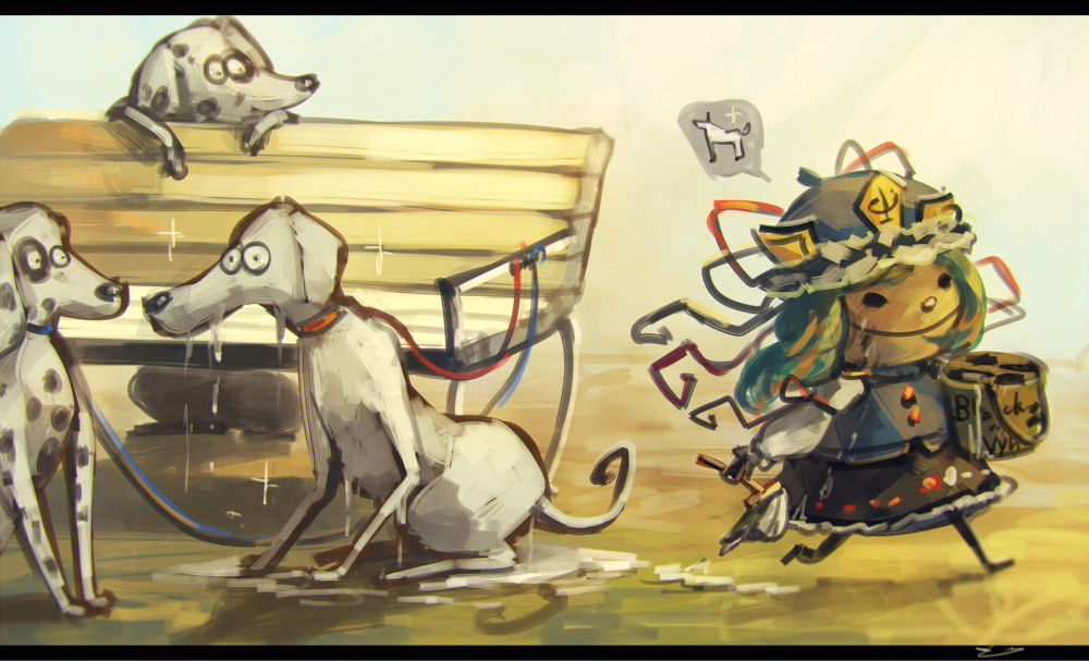 1girl bench black_eyes bucket dalmatian green_hair hat koto_inari leash looking_at_another paint paintbrush red_ribbon ribbon shiki_eiki skirt smile sparkle touhou walking_away white_paint