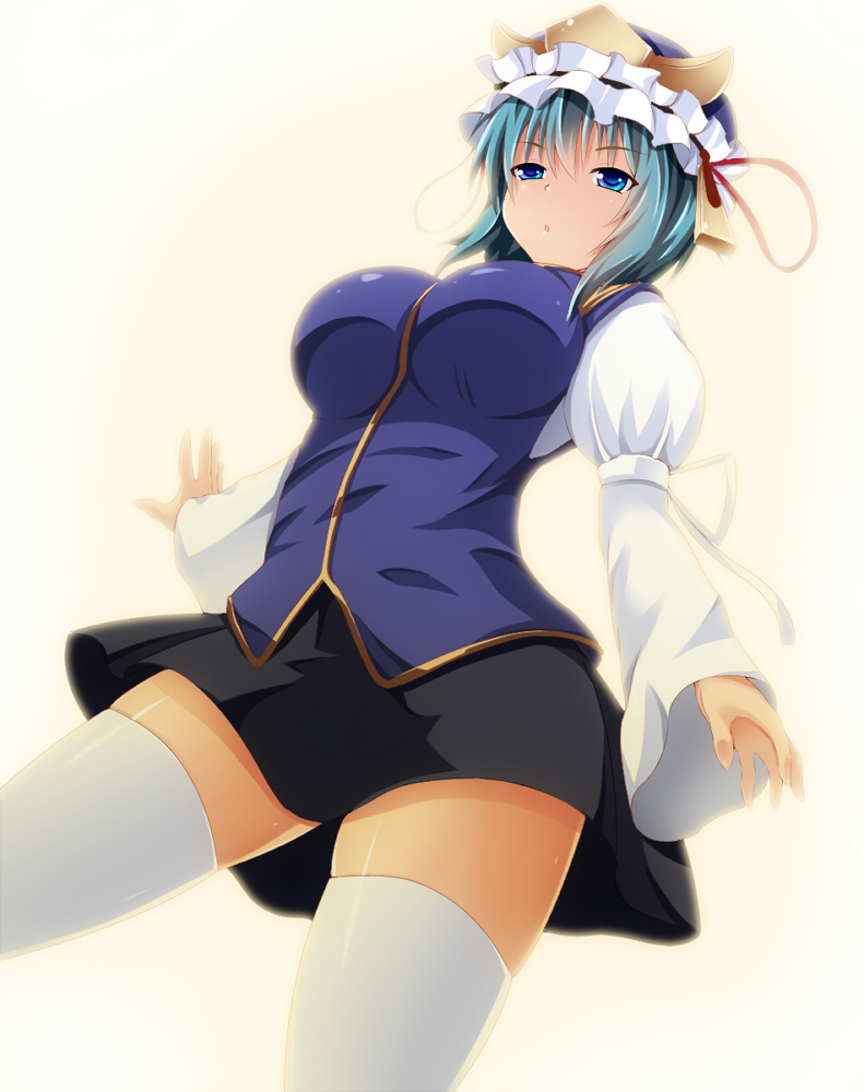 1girl black_skirt blue_eyes blue_vest breasts closed_mouth frilled_hat frills from_below goma_azarasi green_hair hat juliet_sleeves large_breasts long_sleeves looking_at_viewer puffy_sleeves shiki_eiki short_hair skirt solo thighhighs touhou vest white_thighhighs yellow_background zettai_ryouiki