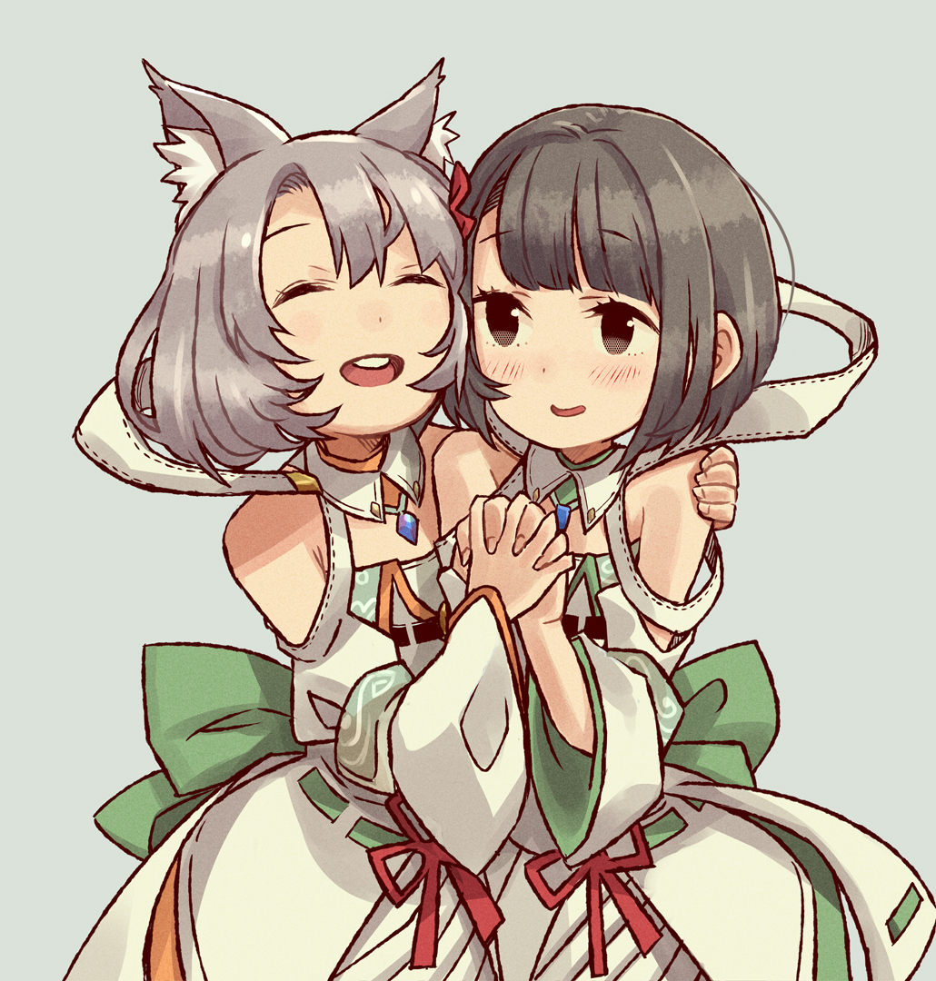 2girls agnus_female_off-seer_uniform animal_ears back_ribbon bare_shoulders blush bob_cut bow brown_eyes brown_hair cat_ears chest_jewel closed_eyes detached_collar detached_sleeves eushima_(sgr) flower_knot green_bow grey_hair holding_hands mio_(xenoblade) miyabi_(xenoblade) multiple_girls patterned short_hair shoulder_strap smile teeth upper_teeth_only xenoblade_chronicles_(series) xenoblade_chronicles_3