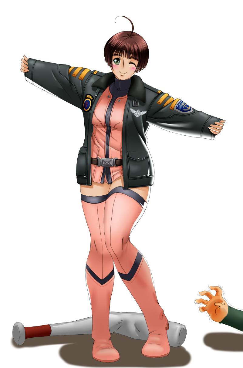 1boy 1girl ahoge baseball_bat black_jacket blush boots borrowed_clothes brown_hair curled_fingers emblem harada_makoto highres jacket katou_saburou long_sleeves looking_at_viewer metal_baseball_bat military_jacket military_uniform one_eye_closed ookami_makoto oversized_jacket pink_boots reaching reaching_towards_another short_hair smile solo_focus spacesuit thigh_boots thighhighs uchuu_senkan_yamato uchuu_senkan_yamato_2199