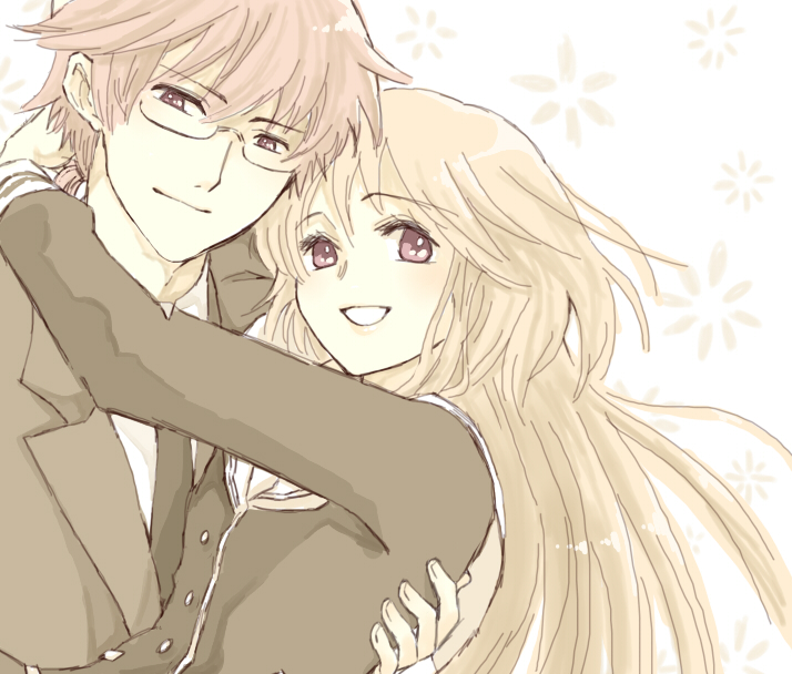 00s 1boy 1girl bad_id bad_pixiv_id brown_eyes brown_hair couple fujimoto_kiyokazu glasses hanato_kobato hetero higetsu hug kobato. long_hair