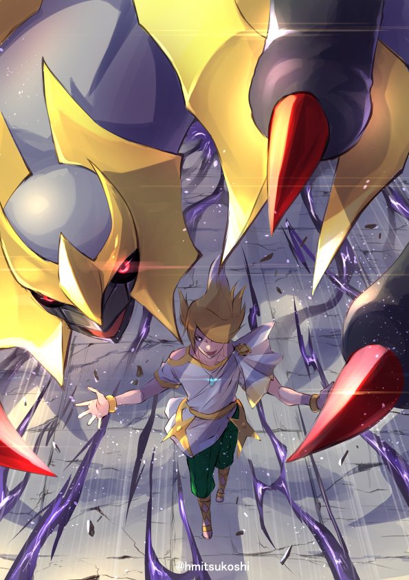 1boy blonde_hair blouse bracelet capri_pants commentary_request energy from_above gen_4_pokemon giratina giratina_(origin) green_pants hair_over_one_eye jewelry legendary_pokemon male_focus mitsukoshi_haruha necklace nintendo open_mouth pants pokemon pokemon_(creature) pokemon_legends:_arceus shirt short_sleeves smile spoilers spread_fingers standing twitter_username volo_(pokemon) watermark white_shirt