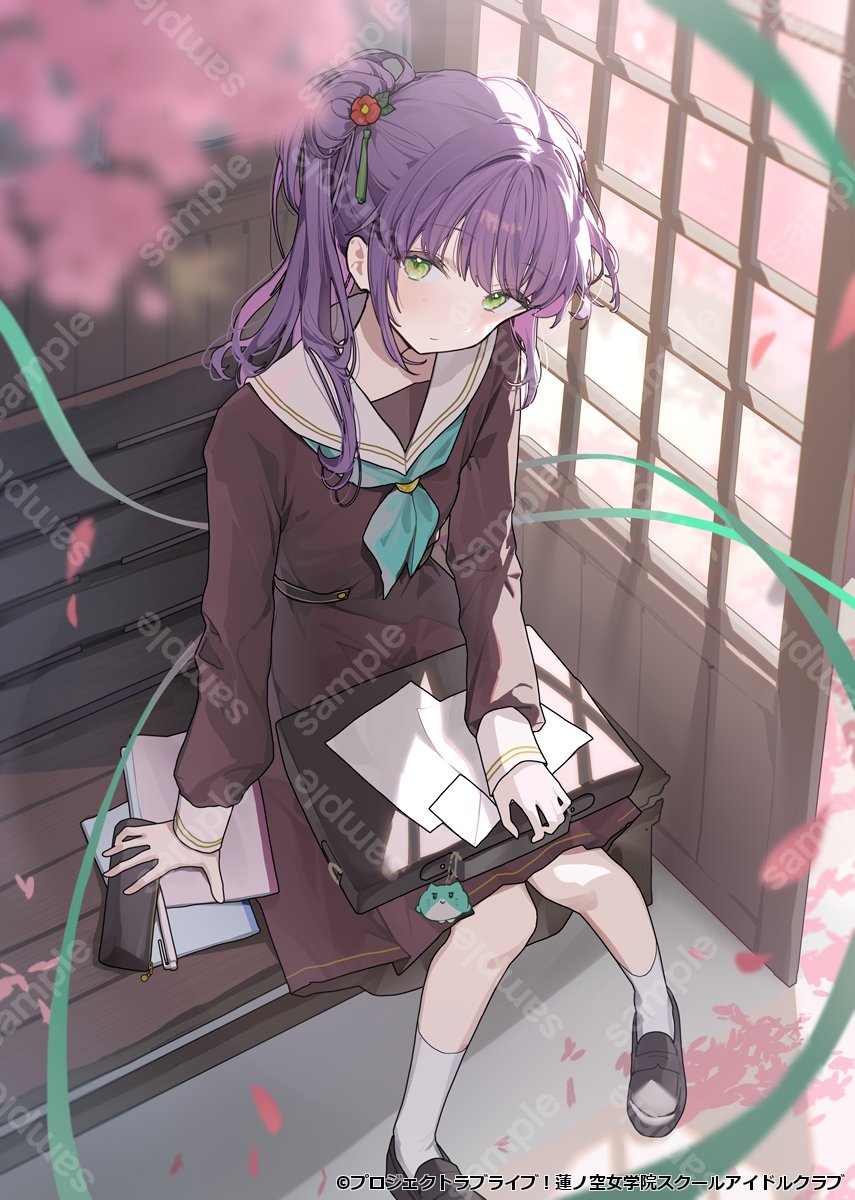 1girl 4th_live_dream_~bloom_the_dream_believers~ animal_charm aqua_neckerchief black_shoes breasts briefcase brown_dress cherry_blossoms closed_mouth commentary_request copyright_notice day dress expressionless falling_petals flower full_body green_eyes grey_ribbon hair_bun hair_flower hair_intakes hair_ornament hasu_no_sora_school_uniform highres link!_like!_love_live! loafers long_hair long_sleeves looking_at_viewer love_live! medium_breasts medium_dress neckerchief ningen_mame notebook official_art on_bench otomune_kozue outdoors pen pencil_case petals pink_petals pleated_dress purple_hair red_flower sailor_collar sailor_dress sample_watermark school_briefcase school_uniform shadow shoes side_ponytail sidelocks single_side_bun sitting socks solo split_mouth virtual_youtuber watermark watermark_grid white_sailor_collar white_socks winter_uniform