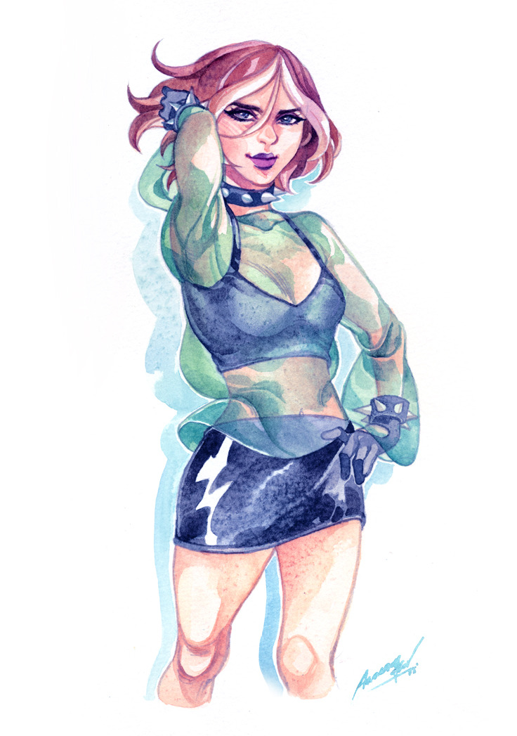 10s 1girl blush breasts cleavage female_focus gloves goth_fashion looking_at_viewer marvel navel pink_hair purple_eyes rogue_(x-men) simple_background skirt solo standing x-men x-men_evolution