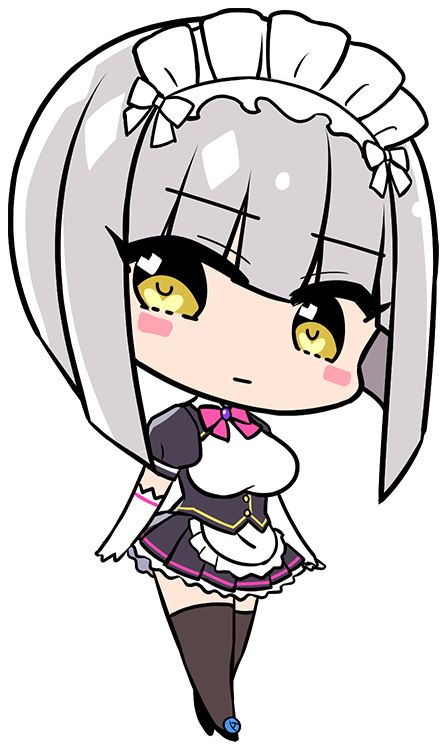 1girl :| apron black_thighhighs blush bob_cut bow bowtie breasts chibi chibi_only closed_mouth collar_jewel derauea elbow_gloves femme_de_menage_maid_academy_uniform flower footwear_flower game_cg gem gloves grey_hair heart heart_in_eye large_breasts maid maid_apron maid_headdress meena_1919 milk_factory motto!_haramase!_honoo_no_oppai_isekai_oppai_maid_gakuen! non-web_source official_art pink_bow pink_bowtie puffy_short_sleeves puffy_sleeves purple_brooch purple_gemstone school_uniform short_sleeves solo symbol_in_eye thighhighs transparent_background waist_apron yellow_eyes