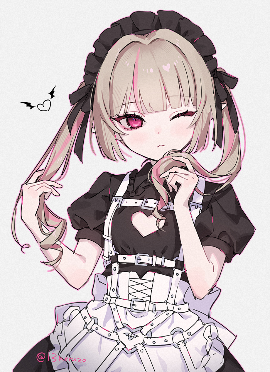 1girl :&lt; alternate_hairstyle apron belt black_dress black_headdress blunt_bangs brown_hair chest_harness cleavage_cutout closed_mouth clothing_cutout collared_dress dress expressionless eyelashes flat_chest hand_in_own_hair harness heart_belt_buckle heart_cutout highres ichi_san_neruzo long_hair looking_at_viewer maid maid_apron maid_headdress makaino_ririmu makaino_ririmu_(5th_costume) multicolored_hair nijisanji official_alternate_costume one_eye_closed outline pink_eyes pink_hair pink_outline pink_streaks pointy_ears puffy_short_sleeves puffy_sleeves short_sleeves simple_background sketch solo standing streaked_hair twitter_username two-tone_hair unconventional_maid upper_body virtual_youtuber waist_apron white_apron white_background white_belt winged_heart