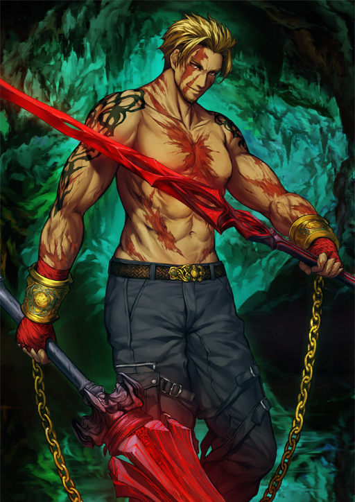 1boy abs arm_tattoo asymmetrical_dual_wielding bandaged_hand bandages belt belt_buckle beowulf_(fate) black_pants blonde_hair bracer brown_belt buckle cave chain closed_mouth curtained_hair dark-skinned_male dark_skin dual_wielding fate/grand_order fate_(series) feet_out_of_frame glowing glowing_weapon gold_bracer green_background holding holding_sword holding_weapon hrunting_(fate) looking_at_viewer male_focus multiple_scars muscular muscular_male naegling_(fate) navel nipples official_art pants pectorals red_eyes scar scar_across_eye scar_on_arm scar_on_chest scar_on_face scar_on_neck short_hair shoulder_tattoo simosi smile solo standing sword tattoo third-party_source topless_male v-shaped_eyebrows variant_set weapon