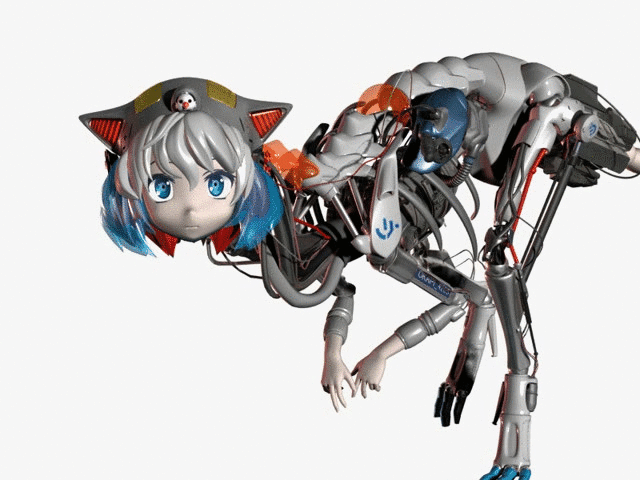 3d :| animal_ears animated animated_gif artist_name blue_eyes blue_hair cable cat_ears closed_mouth commentary_request cyborg digitigrade emblem expressionless looking_at_viewer mecha mecha_musume mechanical_arms mechanical_legs mechabare multicolored_hair no_humans okapi original raptor red_hair red_light reverse-jointed_legs robot short_hair single_mechanical_arm solo tail ugoira walking what white_background white_hair