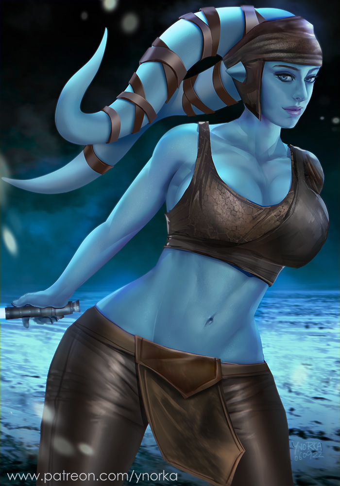 1girl aayla_secura alien artist_name blue_eyes blue_lightsaber blue_skin bra breasts brown_bra brown_pants colored_skin energy_sword holding holding_sword holding_weapon jedi large_breasts leather leather_bra leather_pants lightsaber looking_at_viewer navel pants patreon_username solo star_wars sword twi&#039;lek underwear watermark weapon web_address ynorka_chiu