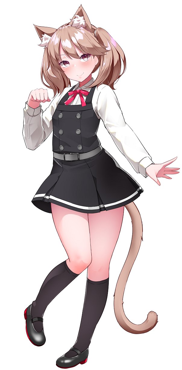 1girl animal_ears black_socks brown_eyes brown_hair cat_ears cat_girl cat_tail commentary_request cosplay dress full_body highres kantai_collection kasumi_(kancolle) kasumi_(kancolle)_(cosplay) kasumi_kai_ni_(kancolle) kemonomimi_mode kirigakure_(kirigakure_tantei_jimusho) kneehighs long_sleeves pinafore_dress ryuujou_(kancolle) sleeveless_dress socks solo tail twintails