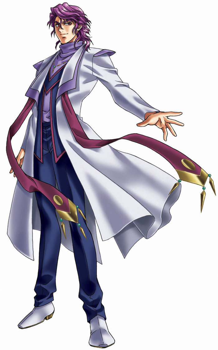 1boy banpresto coat full_body jacket jewelry male_focus necklace official_art purple_hair purple_shirt scarf shirt shoes shuu_shirakawa simple_background solo standing super_robot_wars super_robot_wars_the_lord_of_elemental turtleneck white_jacket white_shoes