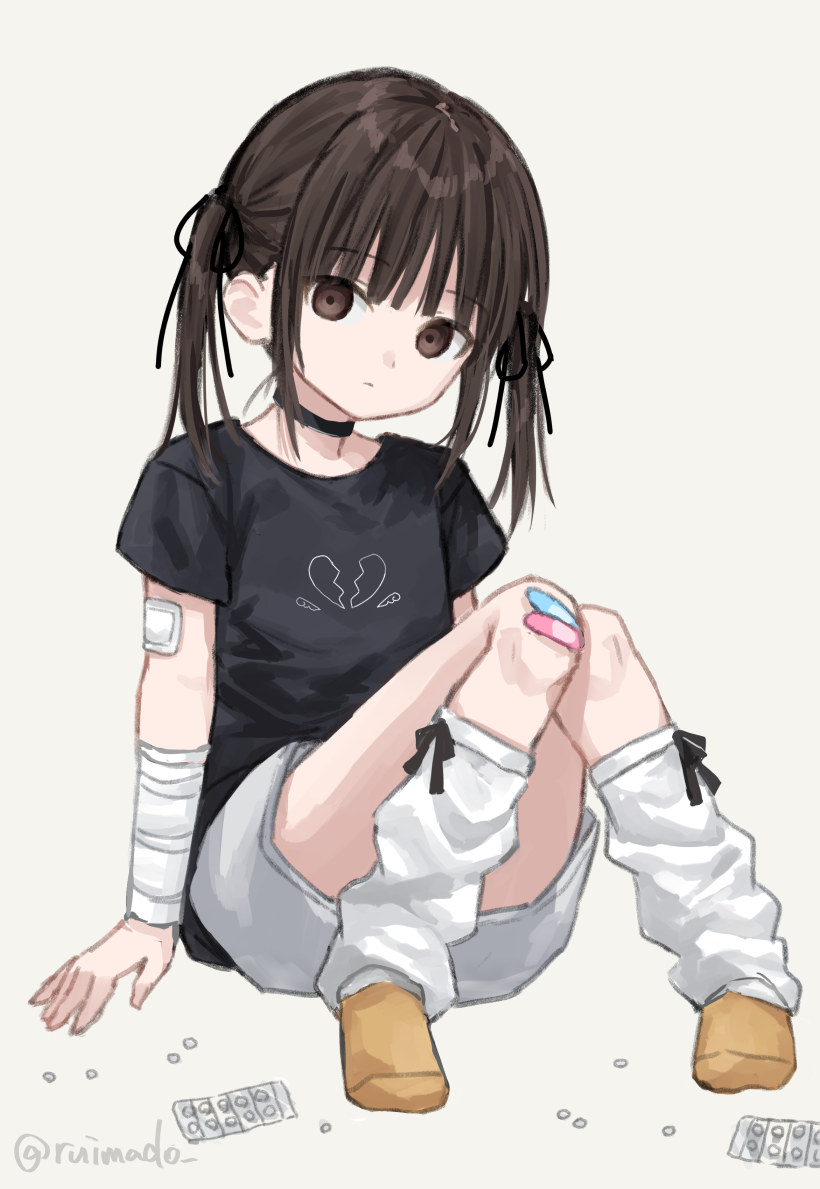 1girl bandaged_arm bandages bandaid bandaid_on_arm bandaid_on_leg black_choker black_shirt broken_heart_print brown_eyes brown_hair choker closed_mouth commentary_request leg_warmers looking_at_viewer medium_hair original pill ruimado shirt short_sleeves shorts simple_background sitting socks solo t-shirt twitter_username two_side_up white_background white_leg_warmers white_shorts yellow_socks