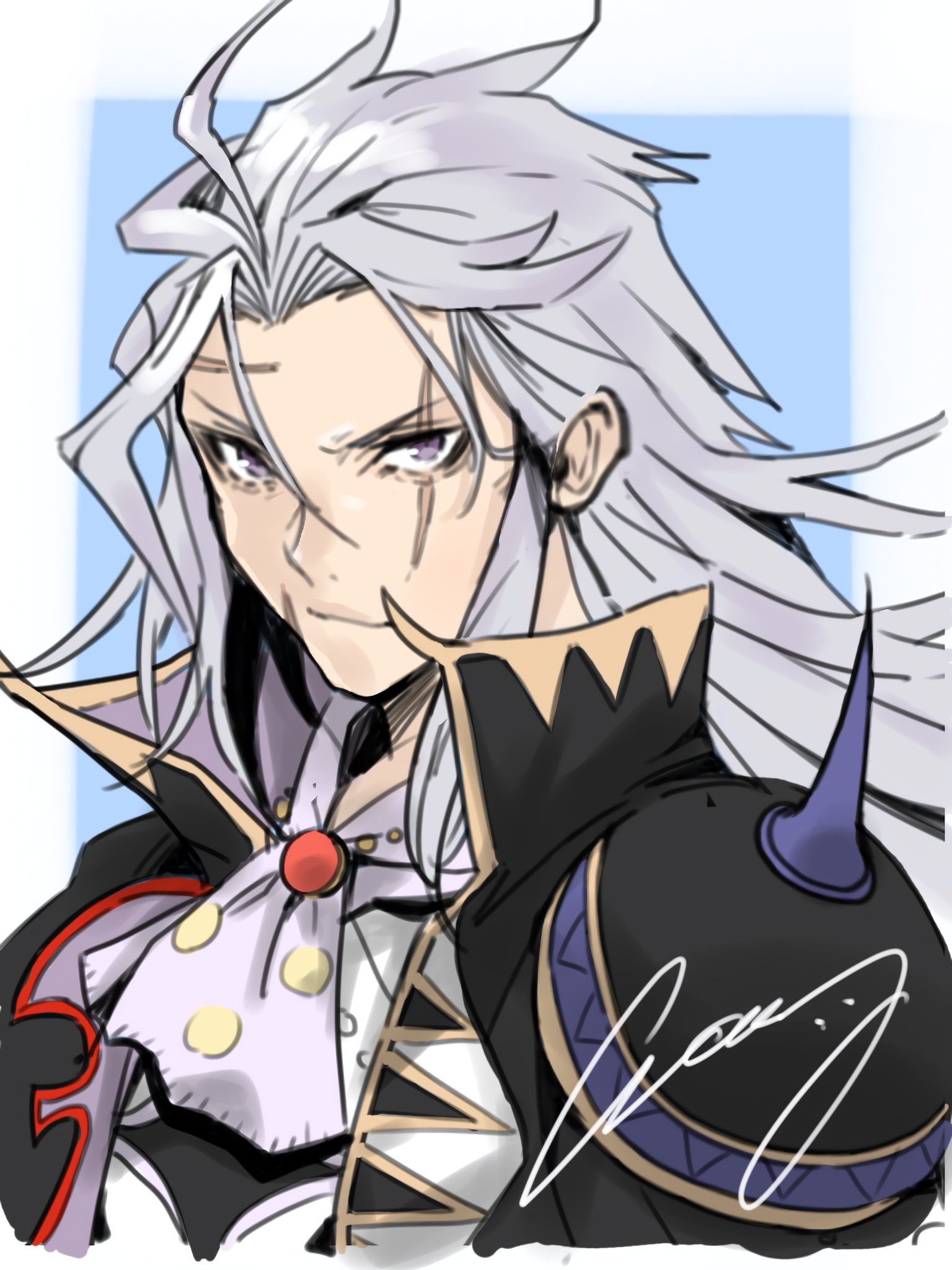 1boy armor ascot black_coat blue_background border coat crazy02oekaki facial_scar final_fantasy final_fantasy_vi furrowed_brow gold_trim grey_eyes grey_hair happy_birthday highres long_hair looking_at_viewer male_focus parted_bangs portrait scar scar_across_eye scar_on_cheek scar_on_face scar_on_forehead setzer_gabbiani shoulder_armor shoulder_spikes signature solo spikes upper_body white_border