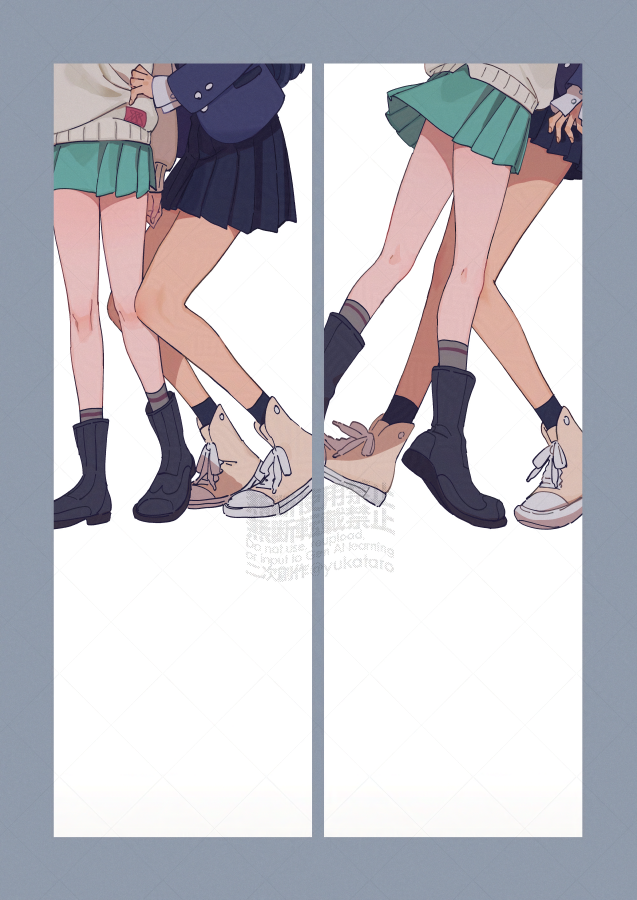 2girls amate_yuzuriha aqua_skirt black_boots black_skirt black_socks boots brown_boots brown_sweater commentary_request grey_socks gundam gundam_gquuuuuux head_out_of_frame long_sleeves multiple_girls nyaan_(gundam_gquuuuuux) pleated_skirt school_uniform skirt socks sweater yukataro yuri
