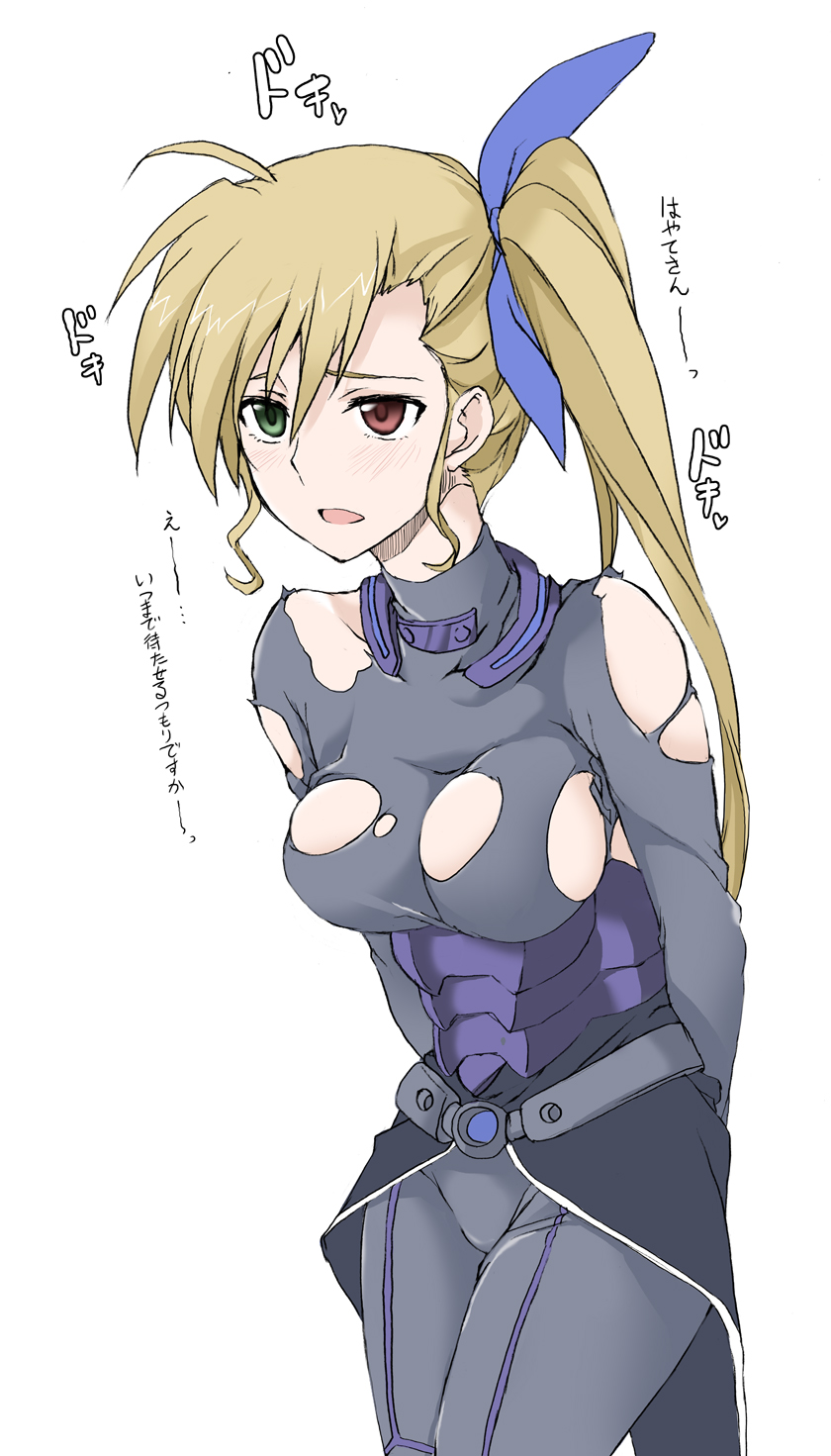 00s 1girl aged_up arms_behind_back belt blonde_hair blush bodysuit breasts cowboy_shot elf_(stroll_in_the_woods) female_focus green_eyes hair_ribbon heterochromia highres long_hair long_sleeves looking_at_viewer lyrical_nanoha mahou_shoujo_lyrical_nanoha_strikers medium_breasts overskirt parted_lips red_eyes ribbon side_ponytail simple_background solo standing torn_clothes translated vivio waist_cape white_background