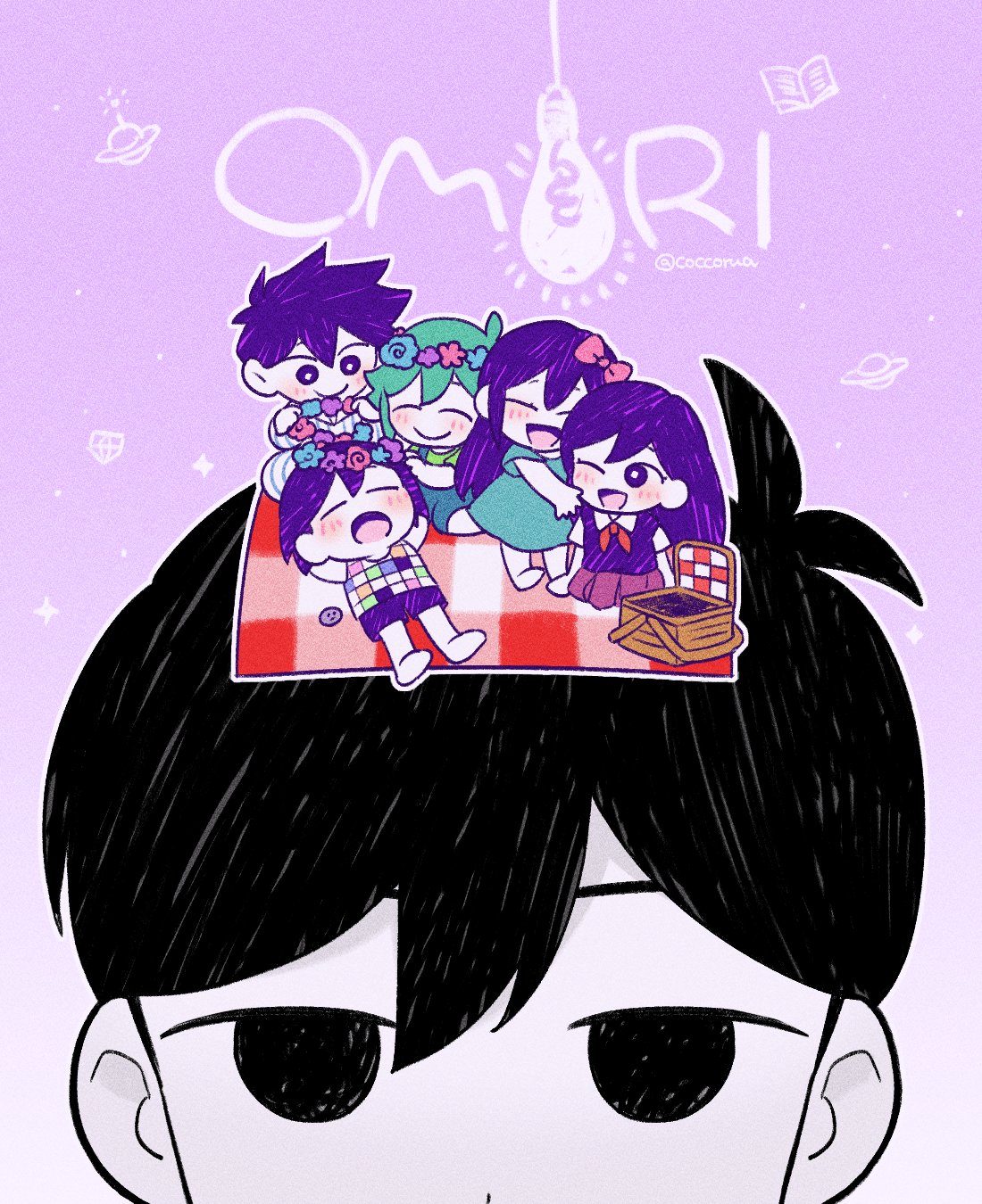 2girls 4boys ;d antenna_hair aqua_dress aubrey_(headspace)_(omori) aubrey_(omori) barefoot basil_(headspace)_(omori) basil_(omori) black_eyes black_hair blue_flower blue_rose blush bow bright_pupils brothers checkered_clothes chibi closed_mouth colored_skin copyright_name double-parted_bangs dress empty_eyes flower flower_wreath green_hair hair_behind_ear hair_between_eyes hair_bow hashtag-only_commentary head_wreath hector_(omori) hero_(headspace)_(omori) hero_(omori) highres kel_(headspace)_(omori) kel_(omori) long_hair looking_at_another looking_at_viewer mari_(headspace)_(omori) mari_(omori) mommorua multiple_boys multiple_girls no_pupils omori omori_(omori) one_eye_closed open_mouth outline pet_rock picnic_basket picnic_blanket pink_bow pink_flower purple_background purple_eyes purple_flower rock rose short_hair short_sleeves siblings simple_background smile tank_top tongue twitter_username white_outline white_pupils white_skin
