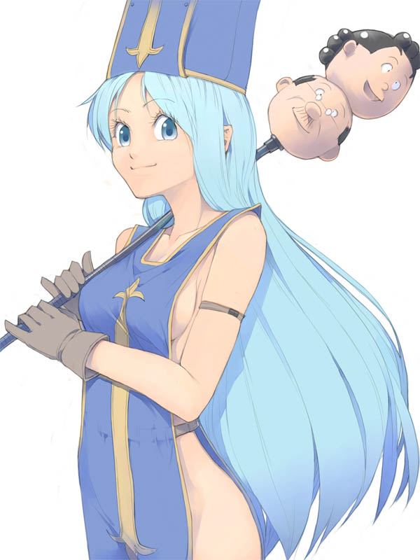 1boy 2girls akinbo_(hyouka_fuyou) bad_id bad_pixiv_id blue_eyes blue_hair breasts chunsoft covering_privates dragon_quest dragon_quest_iii eiken_(studio) enix fuguta_sazae hat isono_namihei long_hair mitre multiple_girls naked_tabard no_panties nude_cover priest_(dq3) sazae-san sideboob solo_focus tabard very_long_hair