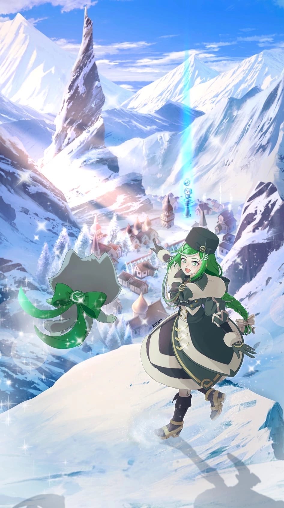 1girl blush braid capelet coat coat_dress cosplay dress fur-trimmed_capelet fur-trimmed_coat fur-trimmed_dress fur-trimmed_gloves fur_hat fur_trim gloves green_eyes green_gloves green_hair grey_cat hair_ornament hairclip hat highres logo long_hair multicolored_hair pantyhose rikani sber-chan sberbank single_braid smile statue_of_the_seven statue_of_the_seven_(cosplay) streaked_hair very_long_hair white_hair white_pantyhose