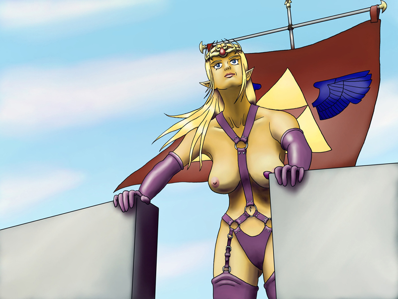 1girl bare_shoulders belly blonde_hair blue_background blue_eyes blue_sky breasts brown_rope cameltoe castle clothes cloud cloudy_sky collarbone crown darthwoo ears elbow_gloves eyebrows eyelashes fake_horns female_focus flag flagpole garter_straps gloves gold_crown gold_trim harness horns large_breasts latex latex_gloves latex_panties leaning_forward legs lips long_hair looking_to_the_side makeup mascara navel neck nintendo nipples nude o-ring panties pink_lips pointy_ears pole princess_zelda purple_gloves purple_panties purple_thighhighs rope shadow shiny_clothes shiny_legwear shiny_skin sky the_legend_of_zelda thick_thighs thighhighs thighs topless_female triforce triforce_print underwear very_long_hair wide_hips wing_print